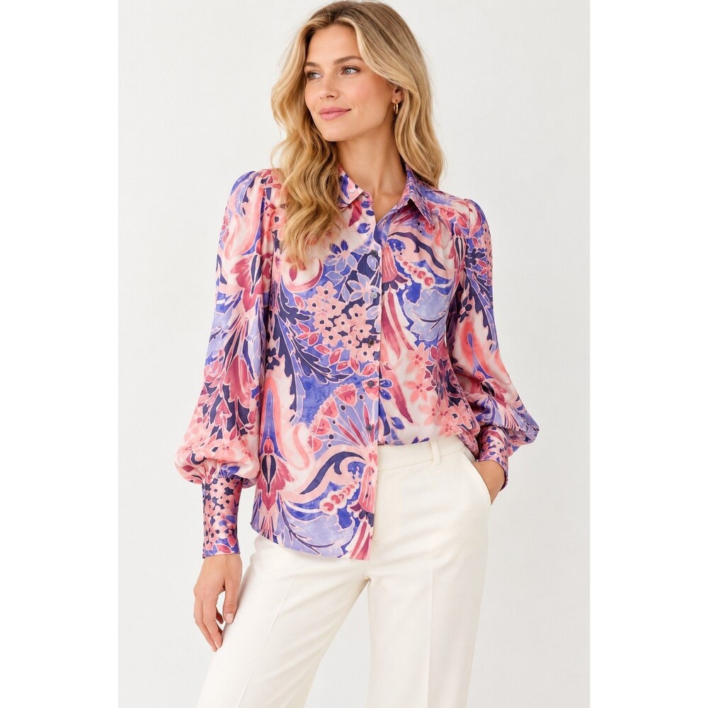Dea Kudibal Silk Cadence Shirt Women’s S Pink Blue Floral Print Button Blouse